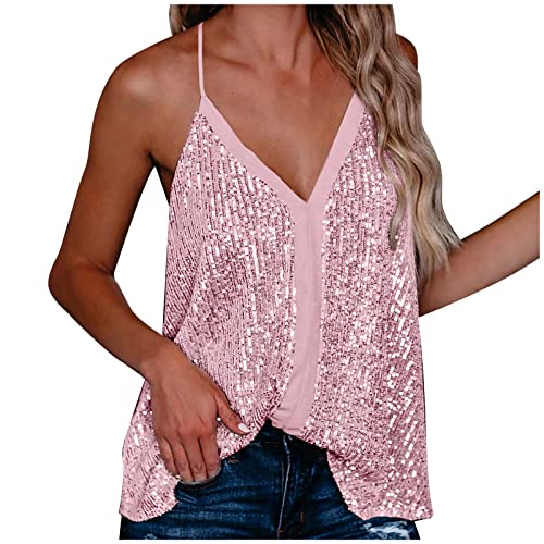 Pailletten Oberteil Damen Bluse Tank Top Tunika Pailletten Ärmellos Spaghettiträger Clubwear Rückenfrei Tops Glitzer Oberteile Damen V-Ausschnitt Y2K Locker Shirt Crop Top Camisole Für Frauen von Zilosconcy