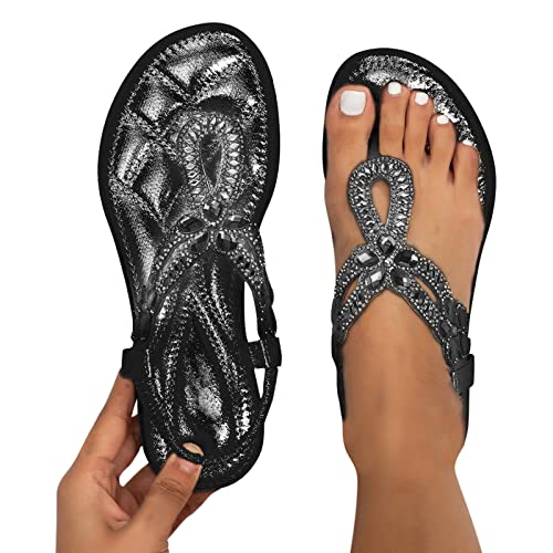 Zilosconcy Sandalen Damen Sommer Blumen-Perlen Riemchenpumps Slipper Elegante Sommerschuhe Bohemian Römersandalen Flache Flip Flops Pantoletten Sandaletten Damen, Z5 Black, 41 EU von Zilosconcy