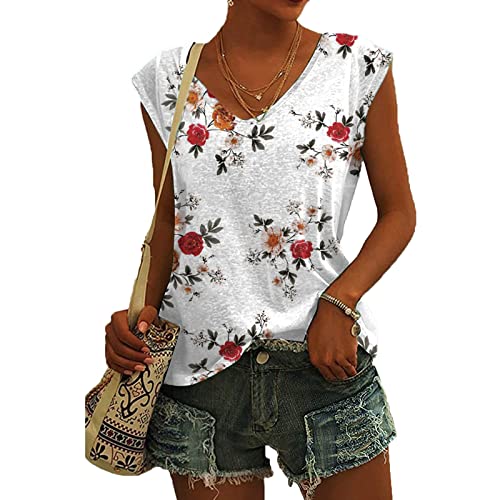 Top Damen Sommer Ärmellose T-Shirt Oberteile Bluse V-Ausschnitt Sommerbluse Weißes T-Shirt Damen Elegant Locker Leicht Blusentops Sommertops Frauen Kleidung Luftig Klamotten Teenager Mädchen von Zilosconcy