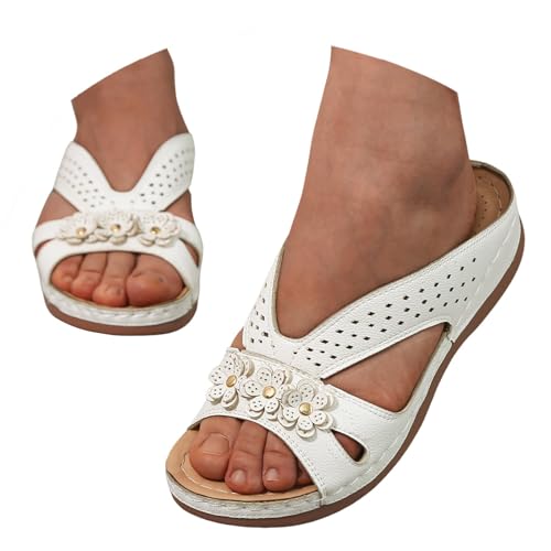 Zilosconcy Barfuss Sandalen Damen, Pantoletten Damen Sommer Atmungsaktive Orthopädische Hausschuhe - Vintage Leder Sommerschuhe Bequeme Sandalen Keilabsatz Elegant Freizeit Wedge Slipperstrandschuhe von Zilosconcy