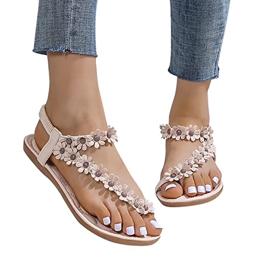 Zilosconcy Damen Sandalen Lässige Lace Spitze Riemchen Elegante Flip Flop Sandals Schuhe Flache Römische Zehe Ring Römersandalen Sandalen Zehentrenner Blumen Gladiator Strandsandalen Sommerschuhe von Zilosconcy