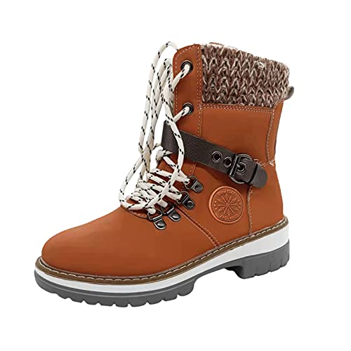 Zilosconcy Damen Stiefeletten Plateau Boots Weiss Einfarbige Damen-Schnürschuhe Mit Eckigem Absatz Und Fleece-Stiefel Winterschuhe Damen Schwarz Leder Winterschuhe Snowboots von Zilosconcy