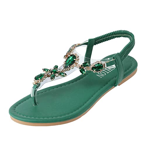 Zilosconcy Flache Sandalen Damen Große Größen Strass Bohemia T-Riemen Sandalen Weichen Sohlen Sommerschuhe Gummiband Slingback Sandalen schöne Sandalen Mädchen Strandschuhe Damen, Z11 Green, 40EU von Zilosconcy