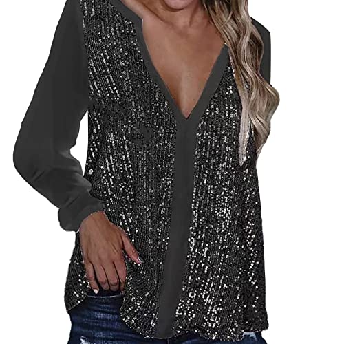 Zilosconcy Glitzer Oberteile Damen Party Pailletten Langarm Pailletten Silber T-Shirt Langarmshirt Festlich Glitzer Bluse Wedding Spitze Hochzeit Langarm Glitzertop Tunika Damenbluse, Schwarz, XL von Zilosconcy