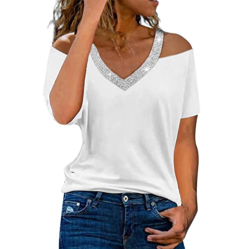 Zilosconcy Glitzer Oberteile Damen Party Pailletten Langarm Pailletten Silber T-Shirt Langarmshirt Festlich Glitzer Bluse Wedding Spitze Hochzeit Langarm Glitzertop Tunika Damenbluse, Z1 White, 3XL von Zilosconcy