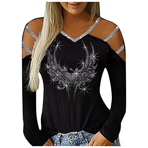 Zilosconcy Glitzer Oberteile Damen Sexy Party Streetwear Langarmshirt Festlich Blumen Lässiges Schulterfrei Bluse Tunika Tops Elegant Casual Pullover von Zilosconcy