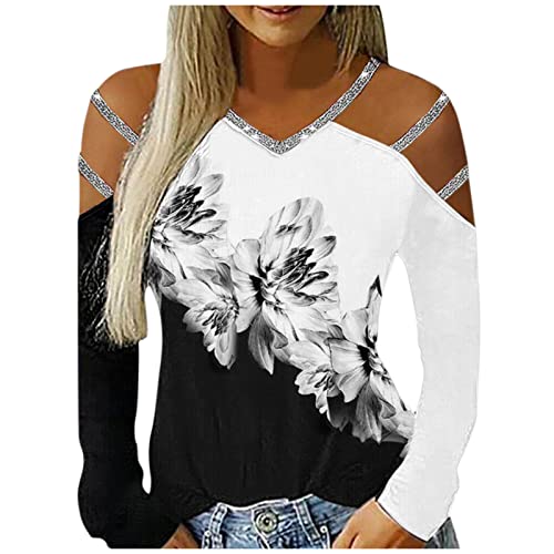 Zilosconcy Glitzer Oberteile Damen Sexy Party Streetwear Langarmshirt Festlich Blumen Lässiges Schulterfrei Bluse Tunika Tops Elegant Casual Pullover von Zilosconcy