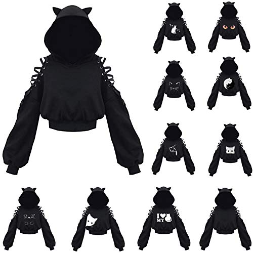 Kawaii Kleidung Gothic Katzenohr Hoodie: Black Accessoires Pulli Kapuzenpullover Damen Cat Hoodie with Bauchfreier Pulli Mädchen Ears Mit Ohren Cropped Sweatshirt von Zilosconcy