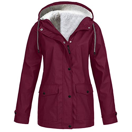 Zilosconcy Rot Regenjacke Damen Große Größen Gefüttert Wasserdicht Atmungsaktiv Regenmantel mit Kapuze Sale Lang Jacke Mantel Warme Kapuzenjacke Windproof Wintermantel Outdoor Fahrrad Winterjacke von Zilosconcy