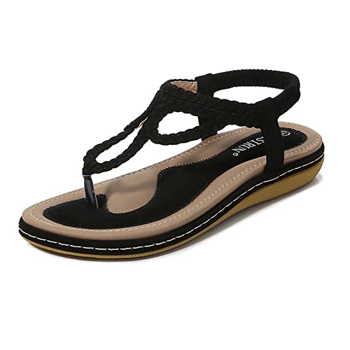 Zilosconcy Sandalen Damen Sommer Blumen-Perlen Riemchenpumps Slipper Elegante Sommerschuhe Bohemian Römersandalen Flache Flip Flops Pantoletten Sandaletten Damen, Z2 Black, 37 EU von Zilosconcy