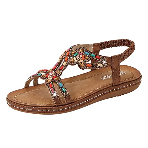 Zilosconcy Sandalen Damen Sommer Blumen-Perlen Riemchenpumps Slipper Elegante Sommerschuhe Bohemian Römersandalen Flache Flip Flops Pantoletten Sandaletten Damen, Z7 Brown, 40 EU von Zilosconcy