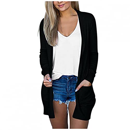 Zilosconcy Strickjacke Damen Lang Schwarz: Dünn Sommer Lang Strick Cardigan Große Größen Leicht Baumwolle Langarm Open Jacke Casual Offene Tops Sweater Einfarbig Open-Front Cardigan von Zilosconcy