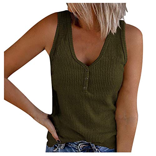 Zilosconcy Tank Top Damen Mit Knöpfen Rippshirt Tank Top Elegant Sommer Shapewear V-Ausschnitt Ärmelloses Stricktop Sommerweste Einfarbig Spagetti Schwarz Leicht Camisole Crop Top Trägershirt von Zilosconcy