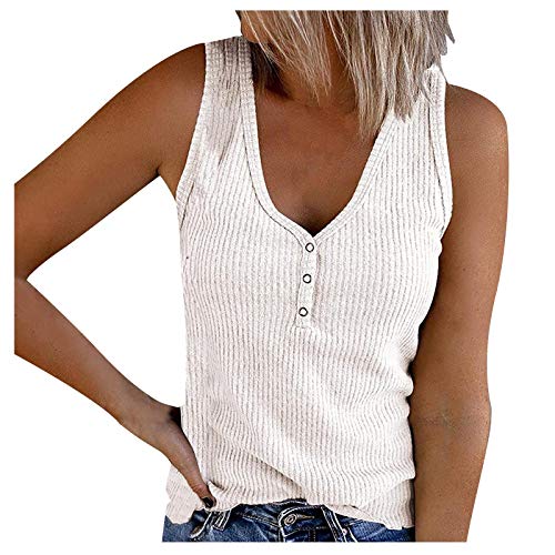 Zilosconcy Tank Top Damen Mit Knöpfen Rippshirt Tank Top Elegant Sommer Shapewear V-Ausschnitt Ärmelloses Stricktop Sommerweste Einfarbig Spagetti Schwarz Leicht Camisole Crop Top Trägershirt von Zilosconcy