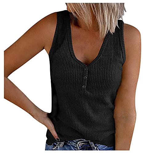 Zilosconcy Trägershirt Damen Mit Knöpfen Rippshirt Stricktop Ärmelloses Geripptes Achselshirts V-Ausschnitt Sommer Trägershirt Basic Top Sexy Ribbed Schwarz Knopf Camisole Crop Top Tank Top von Zilosconcy