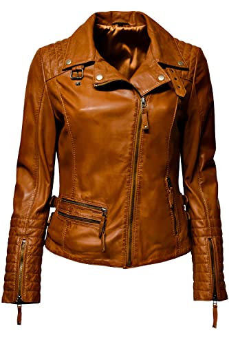 Zimmert Leather Damen Lederjacke Lammnappa Kate gesteppt, washed Grau Hellgrau Braun Cognac Reverskragen (36, Cognac) von Zimmert Leather