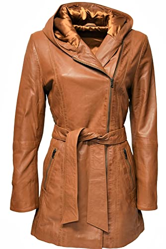 Zimmert Leather Damen Lederjacke Mia Ledermantel Bindegürtel Mia weiches Lammnapp Leder Cognac Braun (cognac, 40) von Zimmert Leather