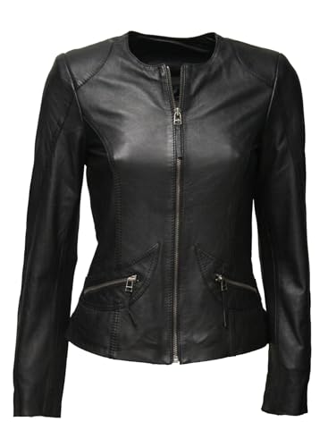 Zimmert Leather Damen Lederjacke Modell: BEA Washed Used-Look Slim-Fit Kragenlos kurz leicht Blazer (DE/NL/SE/PL, Numerisch, 38, Regular, Regular, Schwarz) von Zimmert Leather