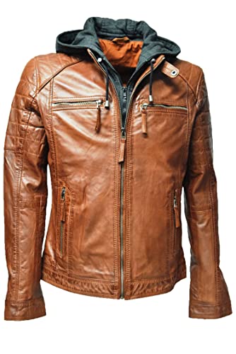 Zimmert Leather Herren Lederjacke Carlo Echt Leder Lammnappa mit Waschung,Stehkragen und Armsteppung Schwarz Cognac abnehmbare Kapuze (as3, numeric, numeric_54, regular, short, cognac) von Zimmert Leather