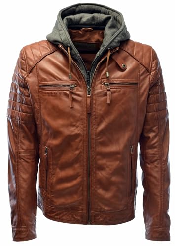 Zimmert Leather Herren Lederjacke Carlo Echt Leder Lammnappa mit Waschung,Stehkragen und Armsteppung Schwarz Cognac abnehmbare Kapuze (as3, numeric, numeric_54, regular, short, cognac) von Zimmert Leather