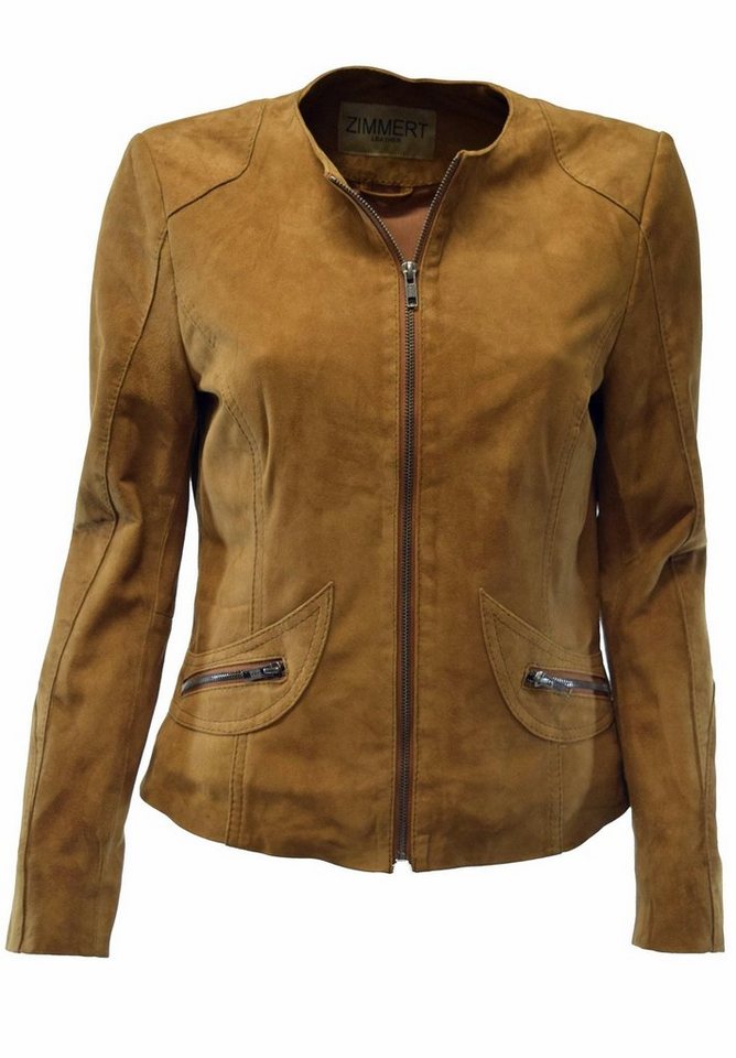 Zimmert Leather Lederjacke Bea (1-St) Kragenlos, leicht, Cognac, braun, Wildleder, Ziegenvelour von Zimmert Leather