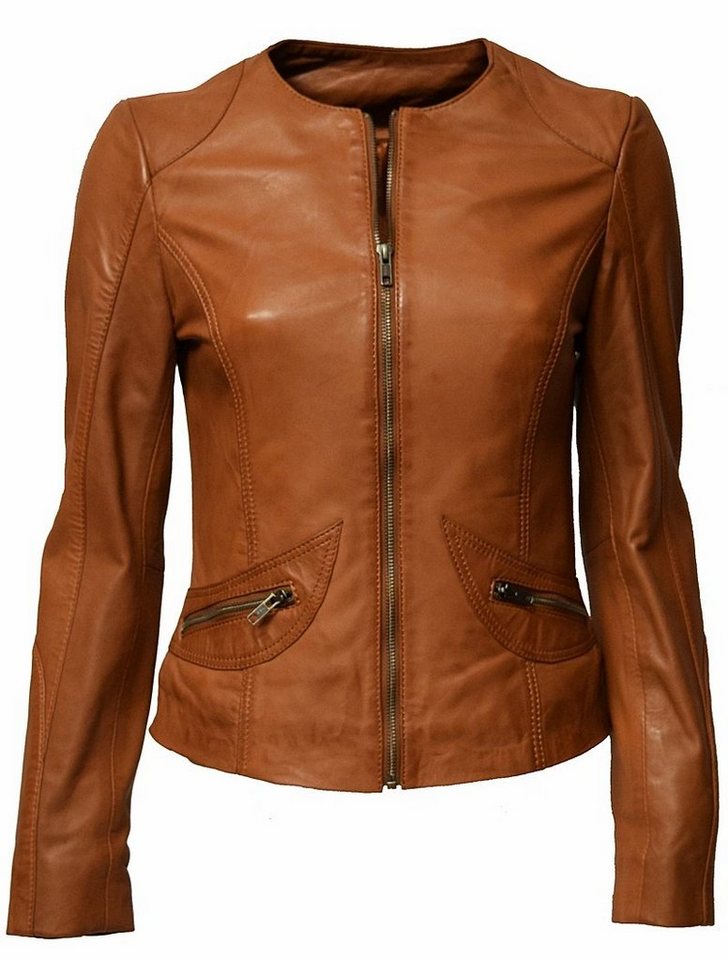 Zimmert Leather Lederjacke Bea (1-St) weiches Lammnappa Leder, Kragenlos, leicht, Cognac, braun, schwarz, rot von Zimmert Leather