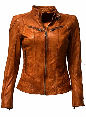 Zimmert Leather Lederjacke Damen Biker Frida Slim-Fit weiches Lamm-Nappa, Reißverschluss, Stehkragen mit Schnalle Gelb Cognac Braun Dunkelrot (40, Dunkelcognac) von Zimmert Leather