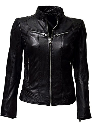 Zimmert Leather Lederjacke Damen Biker Frida Slim-Fit weiches Lamm-Nappa, Reißverschluss, Stehkragen mit Schnalle Gelb Cognac Braun Dunkelrot (44, Schwarz) von Zimmert Leather