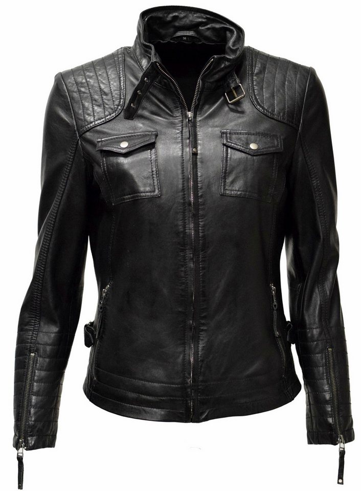 Zimmert Leather Lederjacke Emmy Lammnappa, sportliche Lederjacke, Brusttaschen, Cognac, Grün, Schwarz von Zimmert Leather