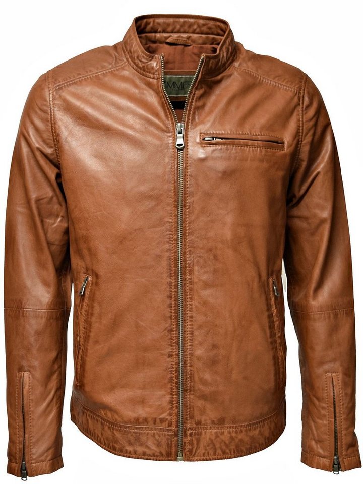 Zimmert Leather Lederjacke Freddy knautschiges Lammnappa Leder, Cognac, Braun, Schwarz, mit Stehkragen von Zimmert Leather