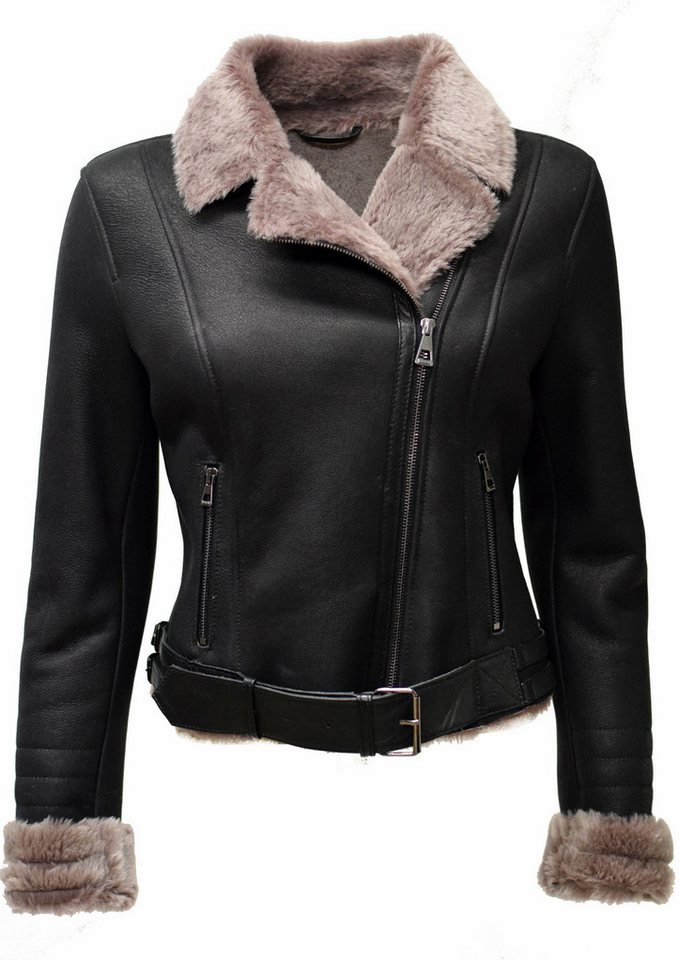 Zimmert Leather Lederjacke Lionni Lammfelljacke Fell Schwarz Cropped Biker Lammfell von Zimmert Leather