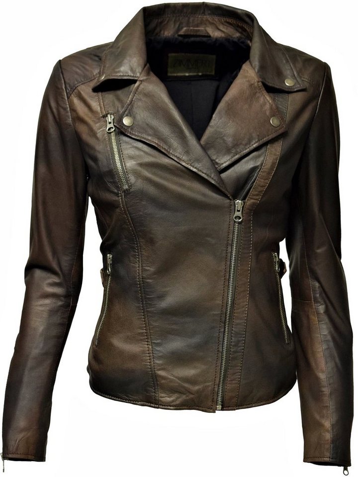 Zimmert Leather Lederjacke Stella im Biker Stil Camouflage Schokobraun, Cognac, Creme, Beige, Weiß, Braun Cognac von Zimmert Leather