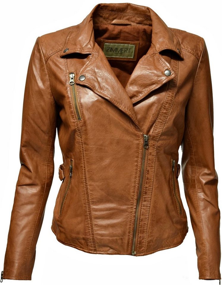 Zimmert Leather Lederjacke Stella im Biker Stil Camouflage Schokobraun, Cognac, Creme, Beige, Weiß, Braun Cognac von Zimmert Leather