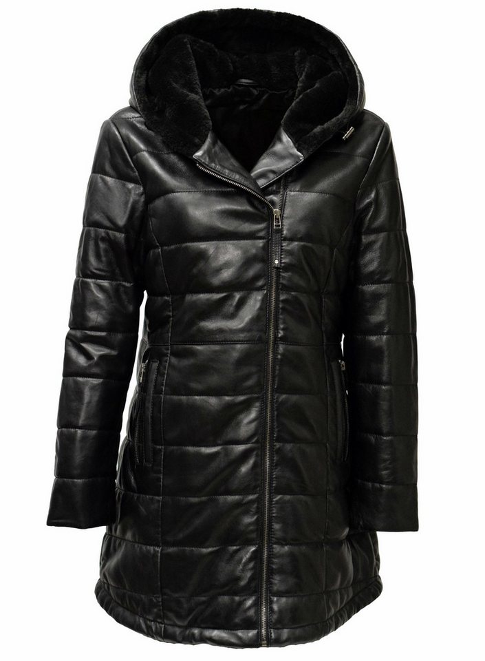 Zimmert Leather Ledermantel Vanessa washed Lammnappa, Kapuzenkragen, Steppmantel, Schwarz, Fell von Zimmert Leather