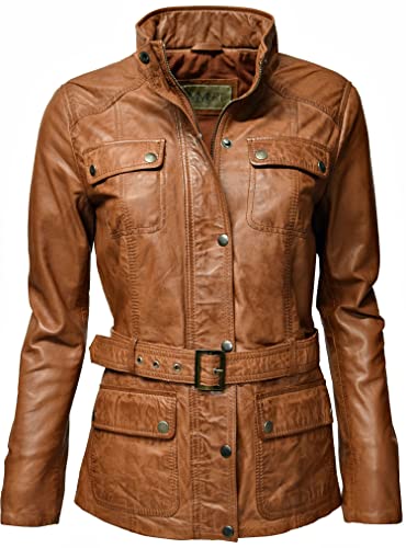Zimmert Leather Sportliche Damen Lederjacke Bruni mit Umschlagkragen und Gürtel in Braun Schwarz washed echt Leder (38, Cognac) von Zimmert Leather
