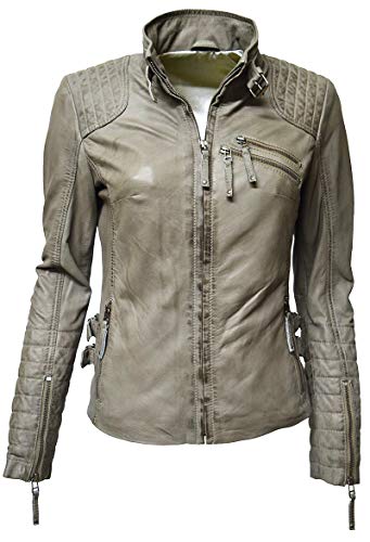 Zimmert Leather Übergangsjacke Damen Biker Lederjacke Amy gesteppt washed used-look Slim-Fit Braun Hellgrau (36, Stein) von Zimmert Leather