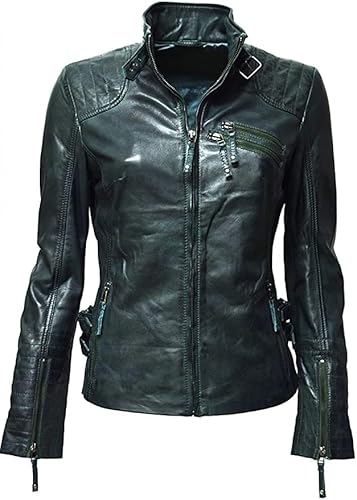 Zimmert Leather Übergangsjacke Damen Biker Lederjacke Amy gesteppt washed used-look Slim-Fit Braun Hellgrau (42, Grün) von Zimmert Leather