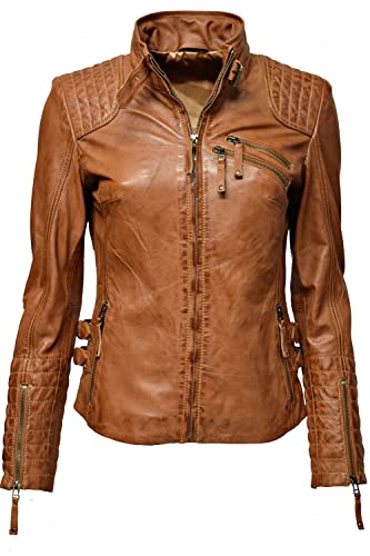 Zimmert Leather Übergangsjacke Damen Biker Echtleder Lederjacke Modell: Amy gesteppt washed used-look Slim-Fit Braun (42, Cognac) von Zimmert Leather