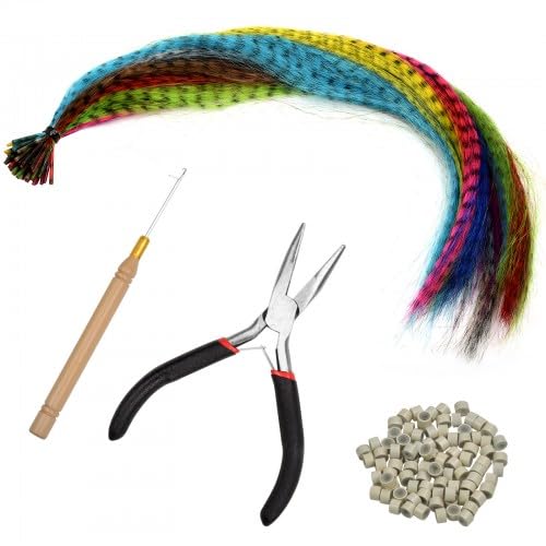 50 Stück Federhaarverlängerungs-Set, Bunte Kunstfeder-Haarverlängerungen, Farbiger Haarverlängerung Clips, Synthetisch Haarsträhnen Extensions Strähnchen mit 100 Silikonring, Zange und Häkelnadel von Zimoer