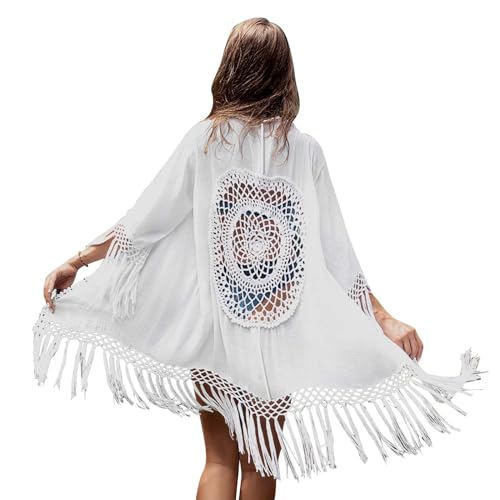 Strandkleid Damen Sommer Strandtunika Strandponcho Bikini Cover Up Kimono Cardigan Strandmode Beach Dress Sommerkleid Vertuschen Damen Bikini Cover Up Beachwear Kimono Quaste Häkeleinsätzen von Zimoer