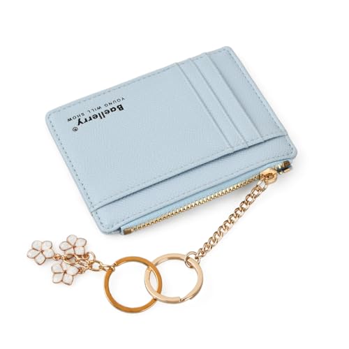 Zimoer 1 Stück Mini Kartenetui Damen, Slim Wallet mit 8 Kartenfächern + 1 Fach, Ultraflaches Karten Portemonnaie mit Blumen-Schlüsselanhänger, Ideal für Kreditkarten, Ausweis & Münzen (Blau) von Zimoer