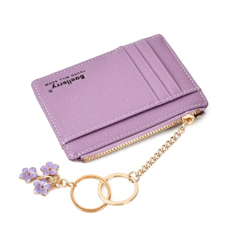 Zimoer 1 Stück Mini Kartenetui Damen, Slim Wallet mit 8 Kartenfächern + 1 Fach, Ultraflaches Karten Portemonnaie mit Blumen-Schlüsselanhänger, Ideal für Kreditkarten, Ausweis & Münzen (Lila) von Zimoer