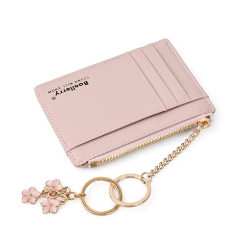 Zimoer 1 Stück Mini Kartenetui Damen, Slim Wallet mit 8 Kartenfächern + 1 Fach, Ultraflaches Karten Portemonnaie mit Blumen-Schlüsselanhänger, Ideal für Kreditkarten, Ausweis & Münzen (Rosa) von Zimoer