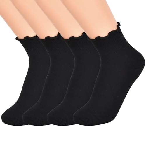 Zimoer 2 Paar Spitzen Rüschensocken Einfarbige Socken Niedliche Rüschensocken Damen Rüschen Socken Baumwollsocken Knöchelsocken Sneakersocken Socken mit Rüschen Weiche Söckchen (Baumwolle, Schwarz) von Zimoer
