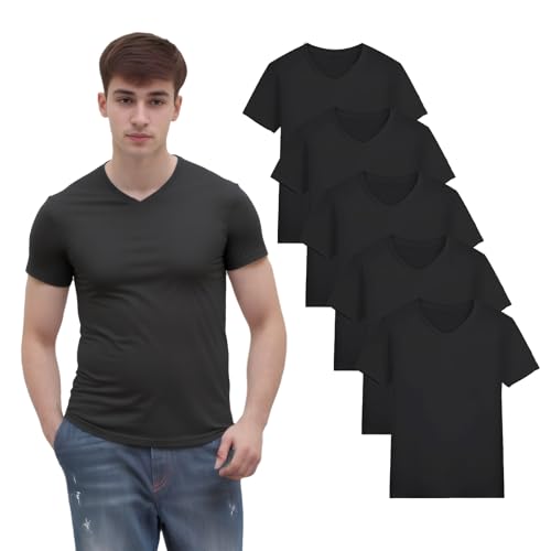 Zimoer Herren T-Shirt 5er-Pack Basic Tshirt Männer V-Ausschnitt T Shirt einfarbig Kurzarm Unterhemd Slim Fit aus Milchfaser (L, Schwarz) von Zimoer