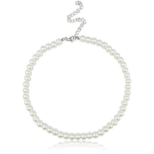 Zimoer Perlenkette Damen Weiße Perlen Ketten Perlendurchmesser 8–10 mm, Imitation Perle Halskette Kostüm Accessoires Retro Stil Silberne Metallkette für Bräute Frauen Mädchen (Silver, 10mm) von Zimoer