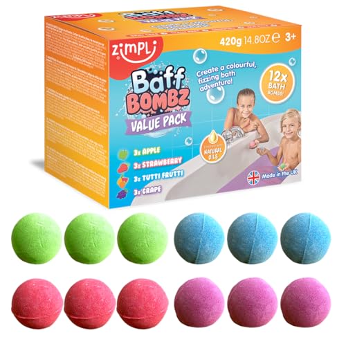 12 x Badebomben von Zimpli Kids, Erstellen Sie eine sprudelnde Badezeit Abenteuer Kinder Baff Bombz, zertifiziert biologisch abbaubar und veganfreundliches Geschenk von Zimpli Kids