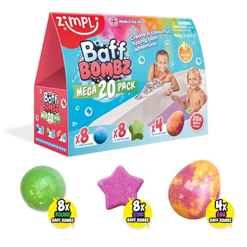 20 x Badebomben Mega Vorteilspack von Zimpli Kids, Erstellen Sie ein buntes, sprudelndes Badezeitabenteuer, Badefizzer-Geschenkset für Kinder, Geburtstagsgeschenke für Jungen & Mädchen, organisch, von Zimpli Kids