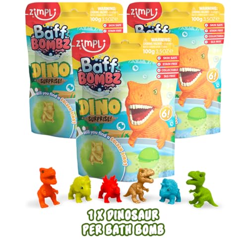 Zimpli Kids 3 x große Dino Surprise Badebomben, 6 Überraschungs-Dinosaurier-Spielzeuge zum Sammeln, eine pro Badebombe, Schaumbadespielzeug Fizzies für Weihnachten, Strumpffüller, von Zimpli Kids