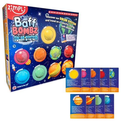 Zimpli Kids 9 x Sonnensystem Badekugeln Geschenkset 9 x Planetenkarten Pädagogisches Planet Badebombe Spielzeug für Kinder Strumpffüller für Kinder von Zimpli Kids